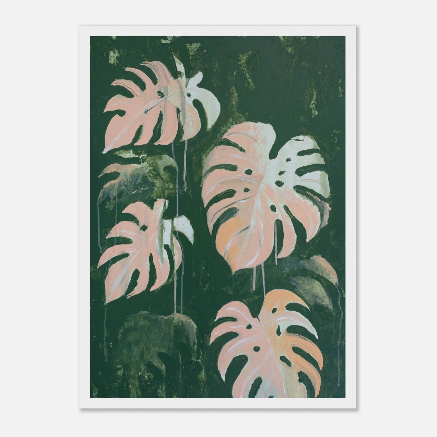 Das Poster "Pink Monstera" in weißem Holzrahmen.