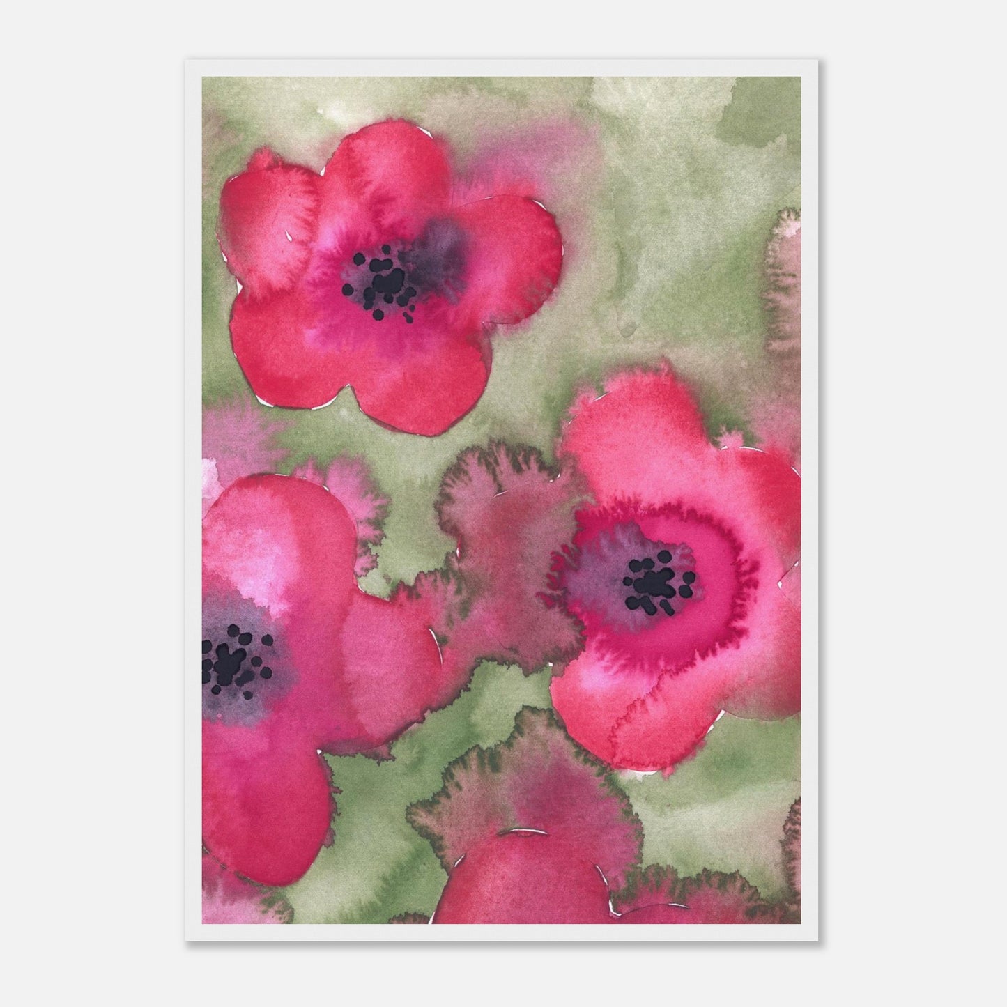 Das Aquarellbild „Pink Flowers“ in einem weissen Holzrahmen.