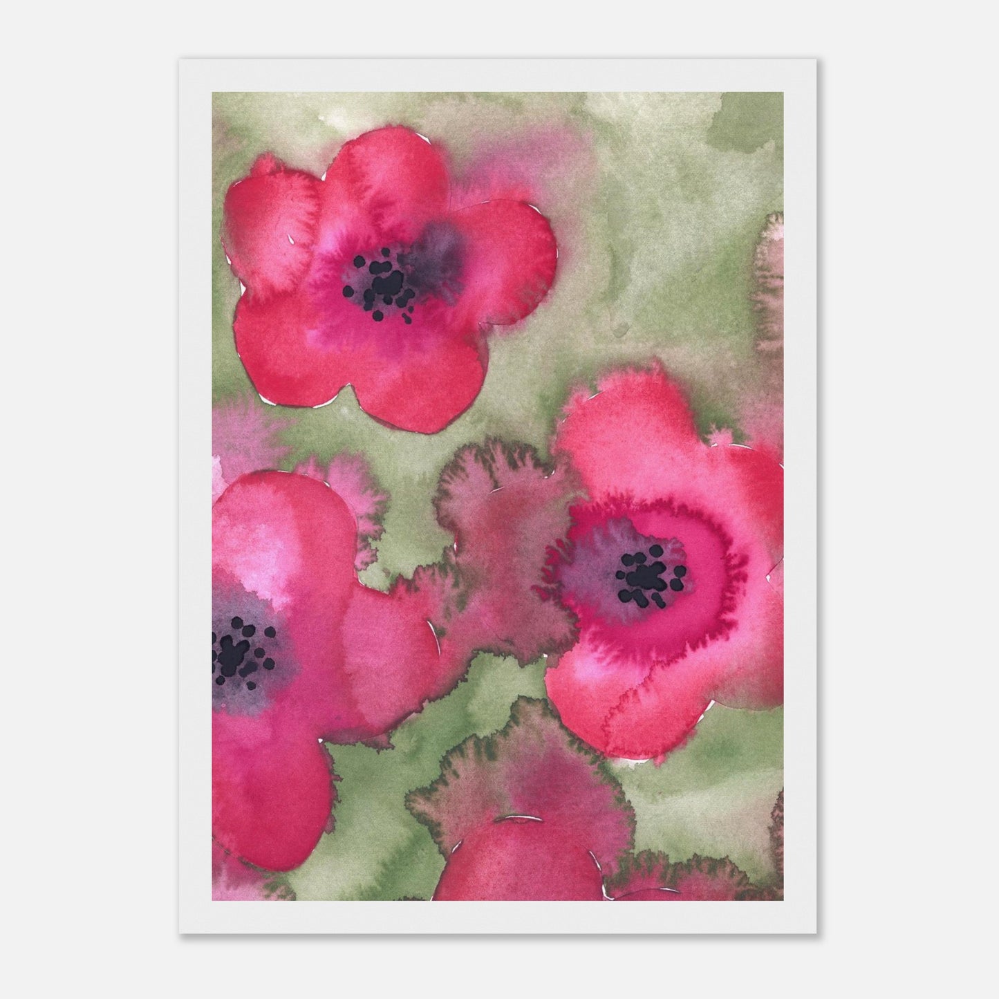 Das Aquarellbild „Pink Flowers“ in einem weissen Holzrahmen.
