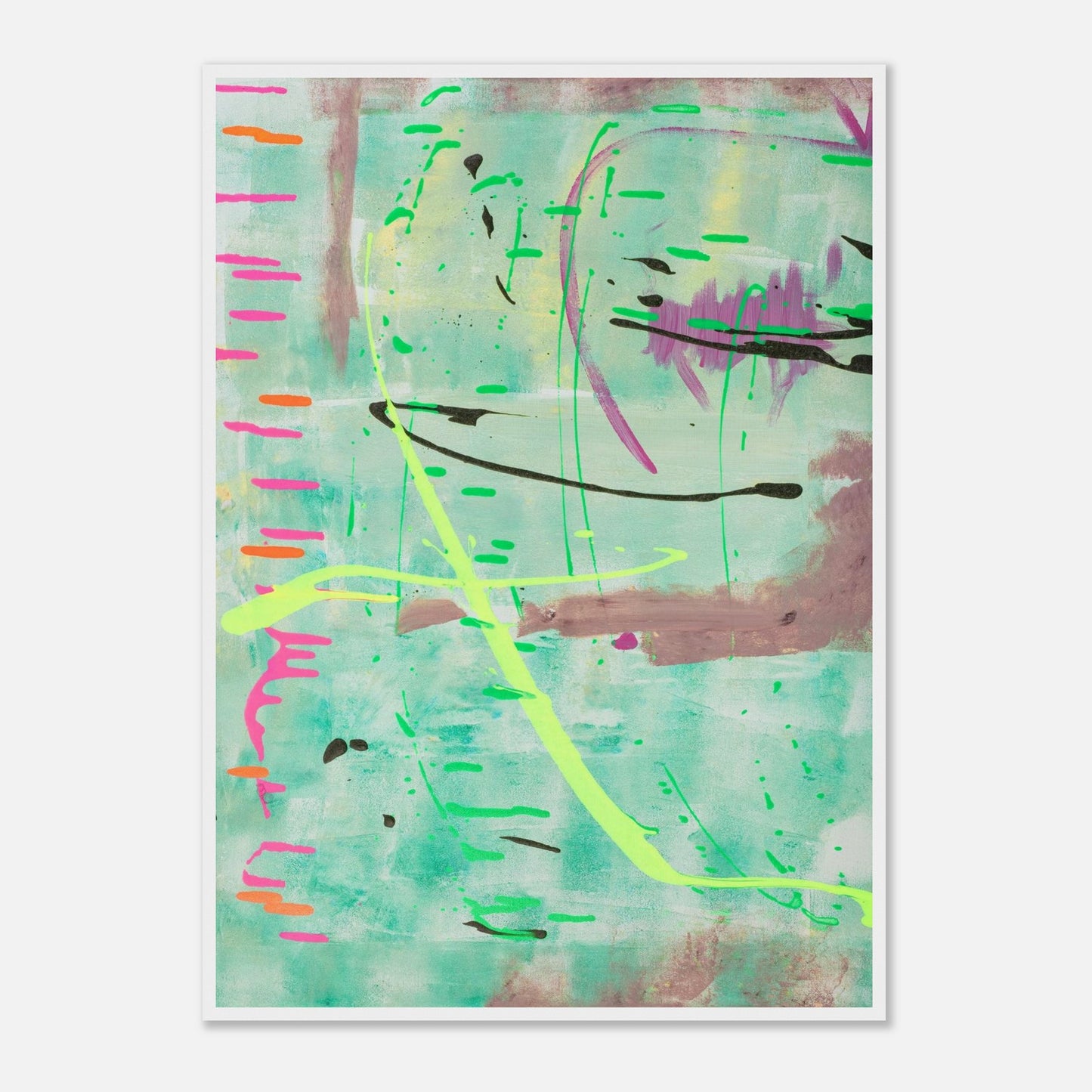 Abstraktes Kunstposter in Mint mit bunten Linien und Akzenten, Fine Art Print in weissem Holzrahmen.