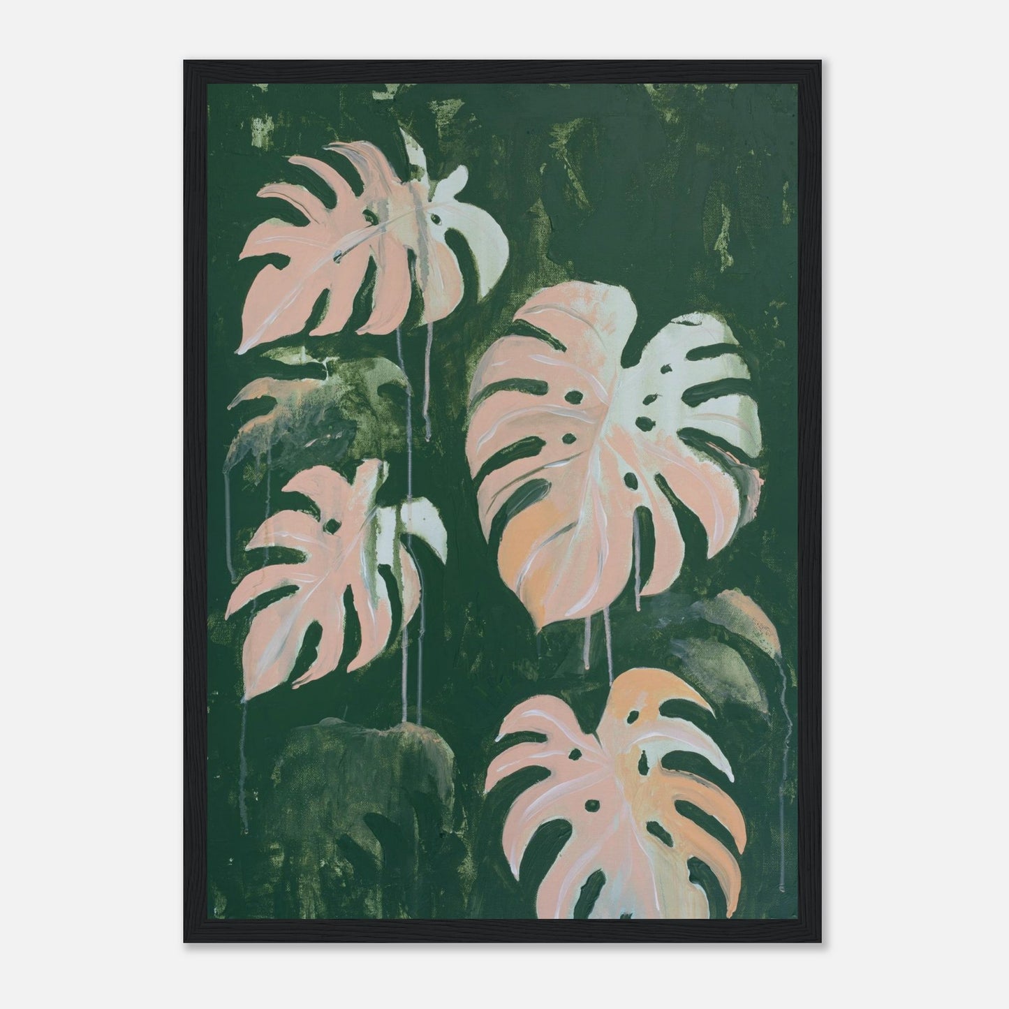 Das Poster "Pink Monstera" in schwarzem Holzrahmen.