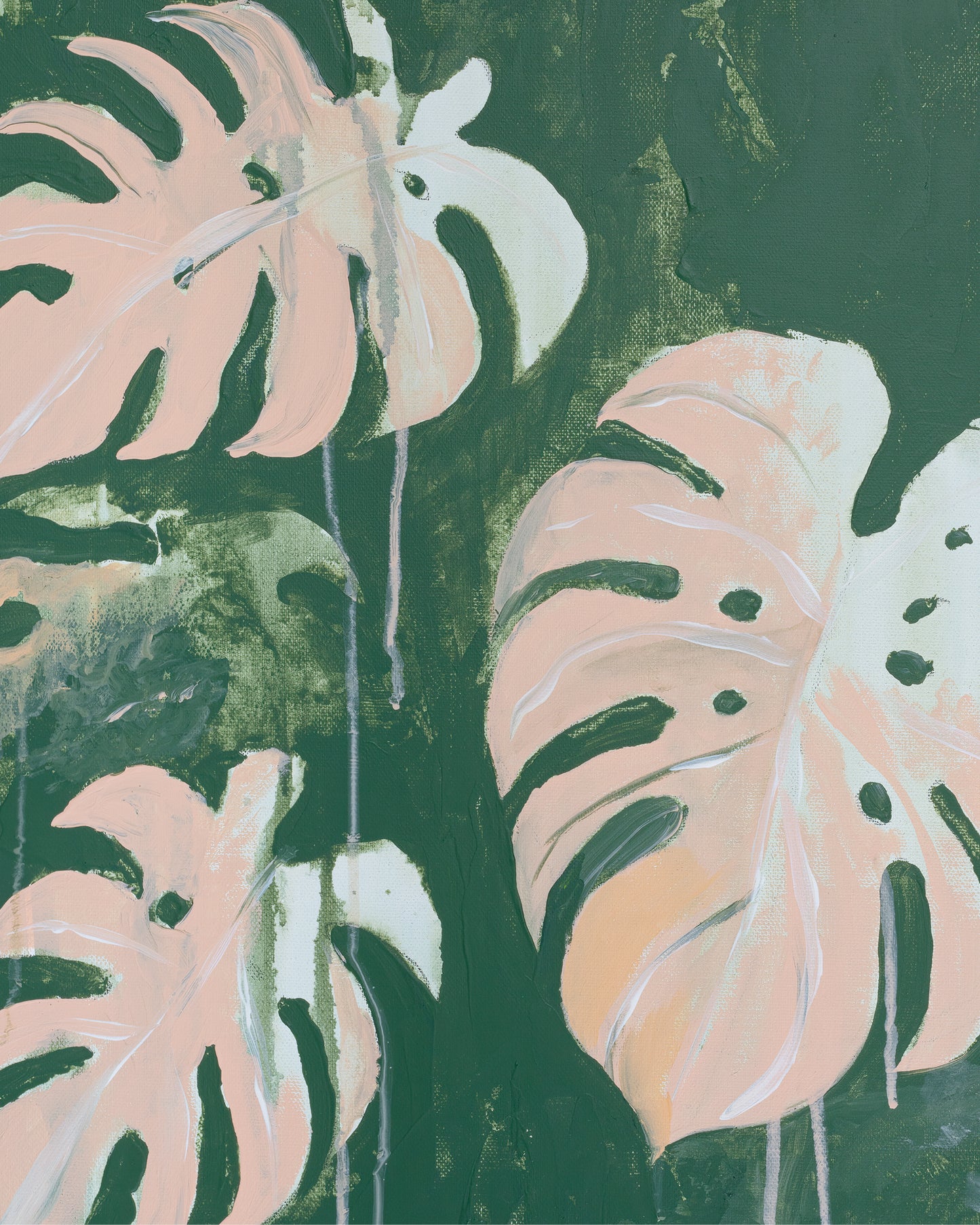 Ausschnitt des Motivs. Man sieht deutlich den Farbauftrag und die Leinwandstruktur. Große rosa Monstera Blätter vor grünem Hintergrund.