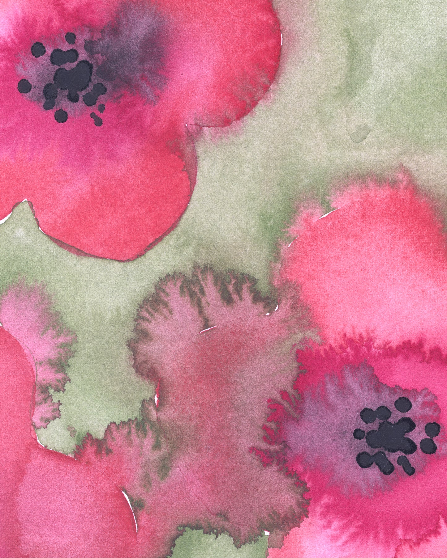 Ausschnitt der Aquarell-Blumen auf grünem Hintergrund. Man sieht deutlich die Nass-in-Nass-Technik