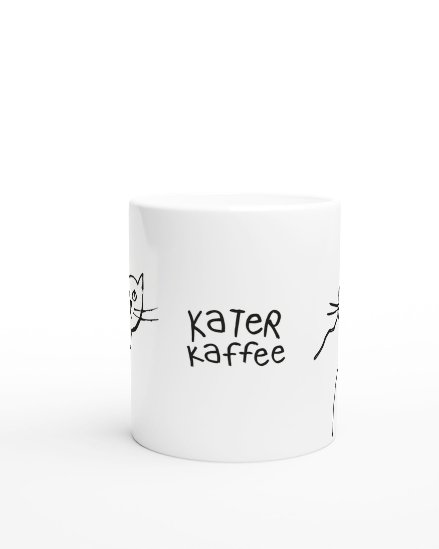 Weisse Tasse von vorn mit handgeschriebener Schrift: Kater Kaffee