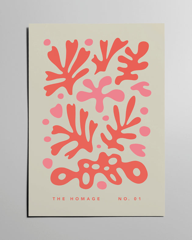 Beiges Poster mit roten, floralen Elementen.