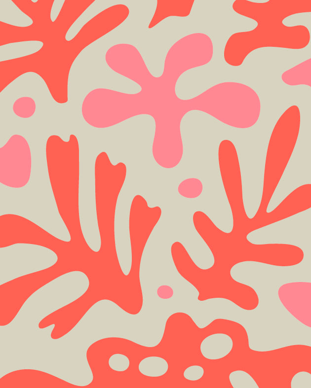 Ausschnitt des Posters: rote, florale Elemente auf beigen Hintergrund.