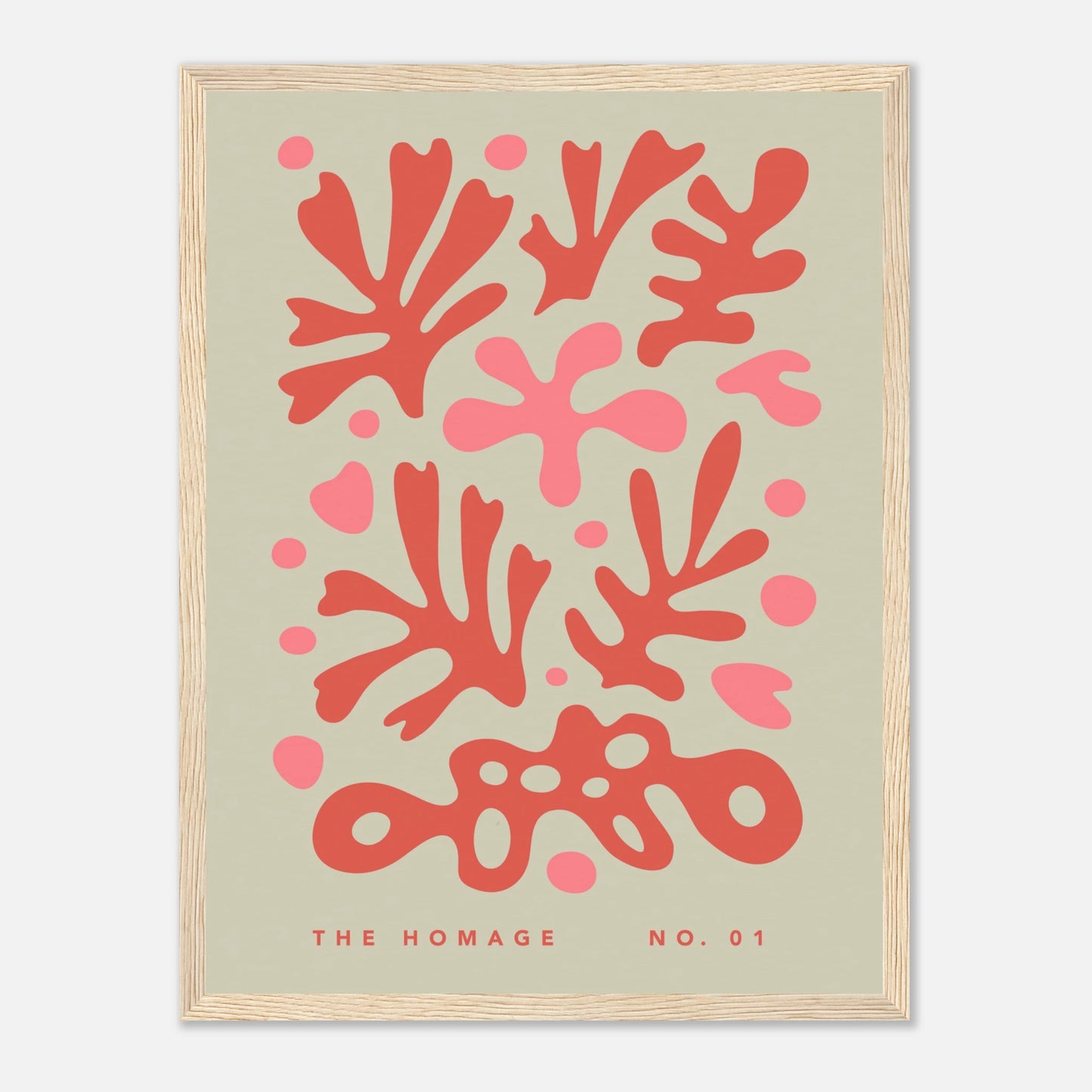 The Homage No. 01. Florales Kunstposter in Rot und Rosa auf beigem Hintergrund, inspiriert von Henri Matisse, im Holzrahmen.