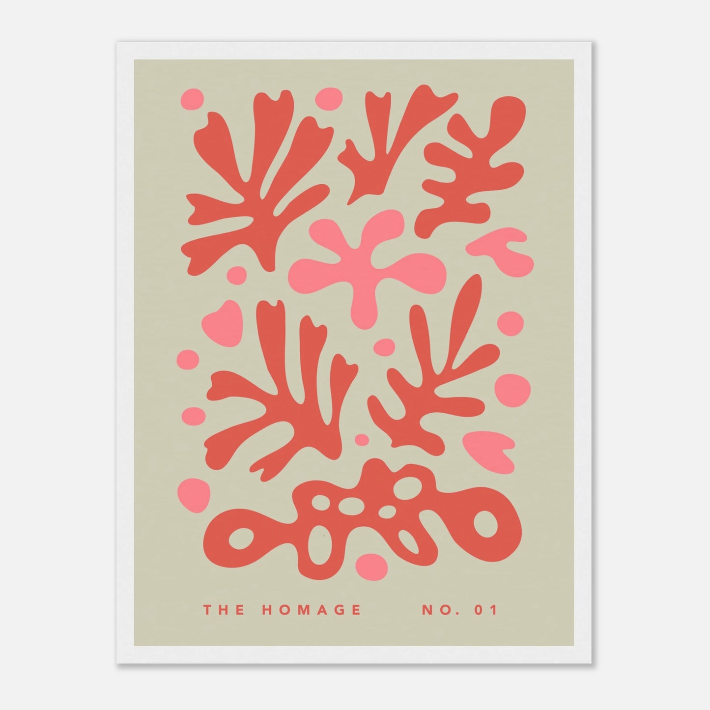 The Homage No. 01. Florales Kunstposter in Rot und Rosa auf beigem Hintergrund, inspiriert von Henri Matisse, in weißem Rahmen.