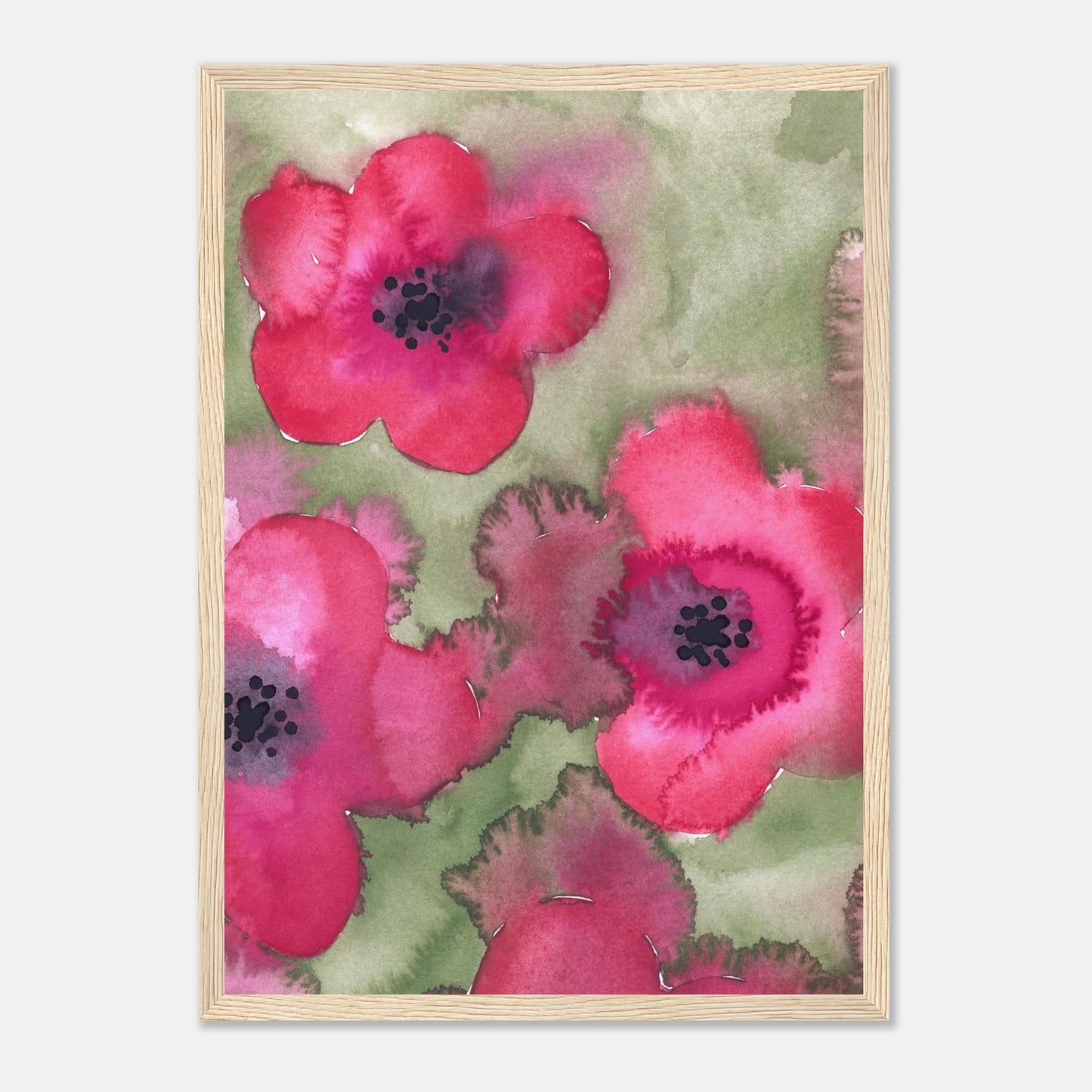 Das Aquarellbild „Pink Flowers“ in einem Holzrahmen.