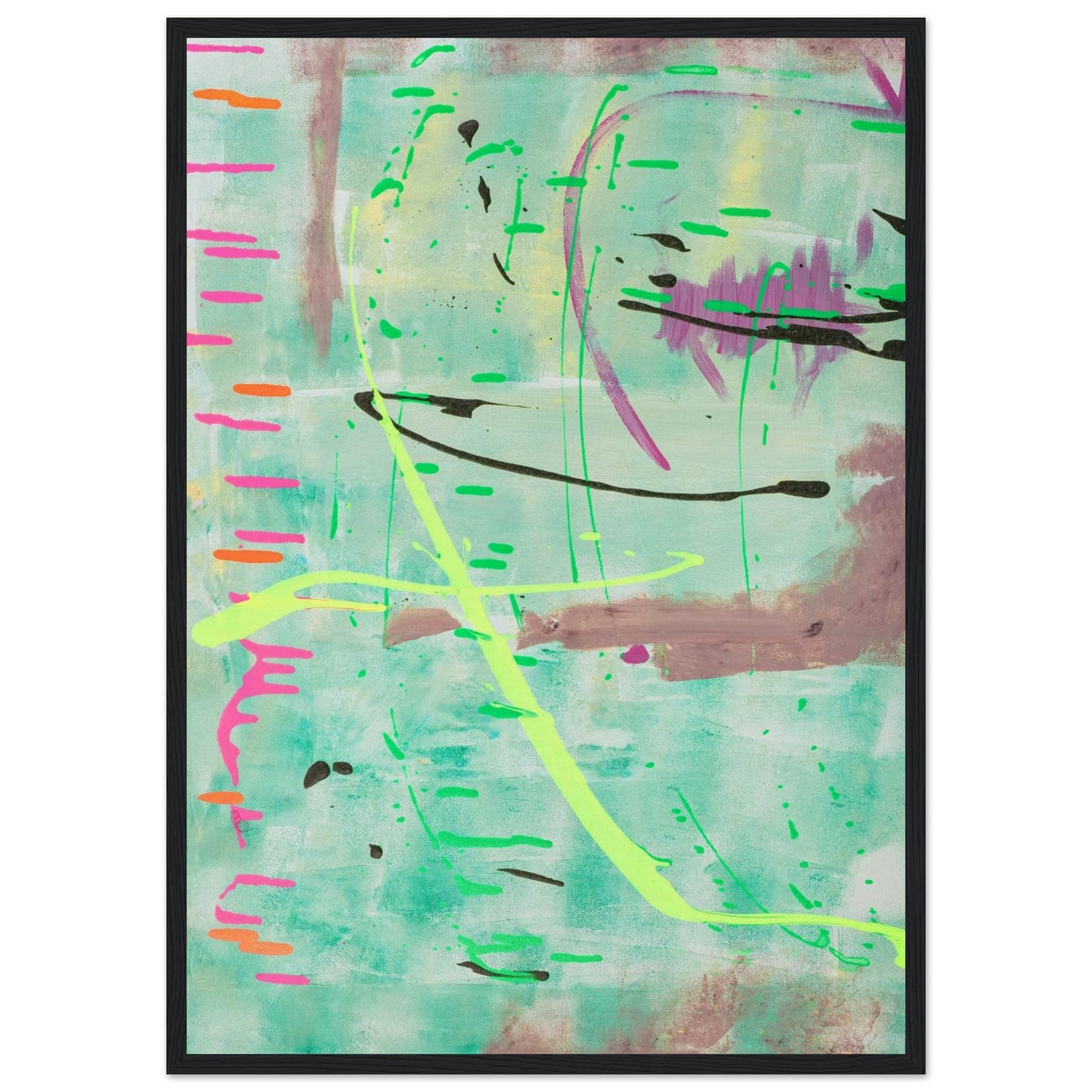 Abstraktes Kunstposter in Mint mit bunten Linien und Akzenten, Fine Art Print in schwarzem Holzrahmen.