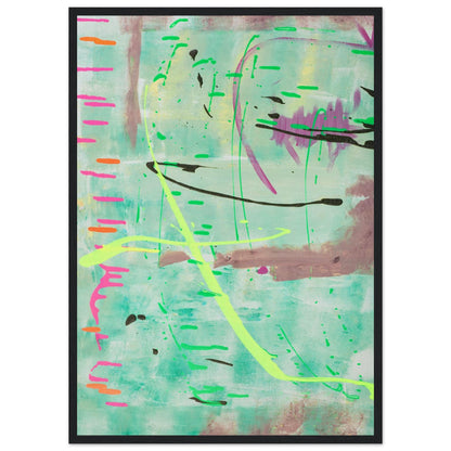Abstraktes Kunstposter in Mint mit bunten Linien und Akzenten, Fine Art Print in schwarzem Holzrahmen.