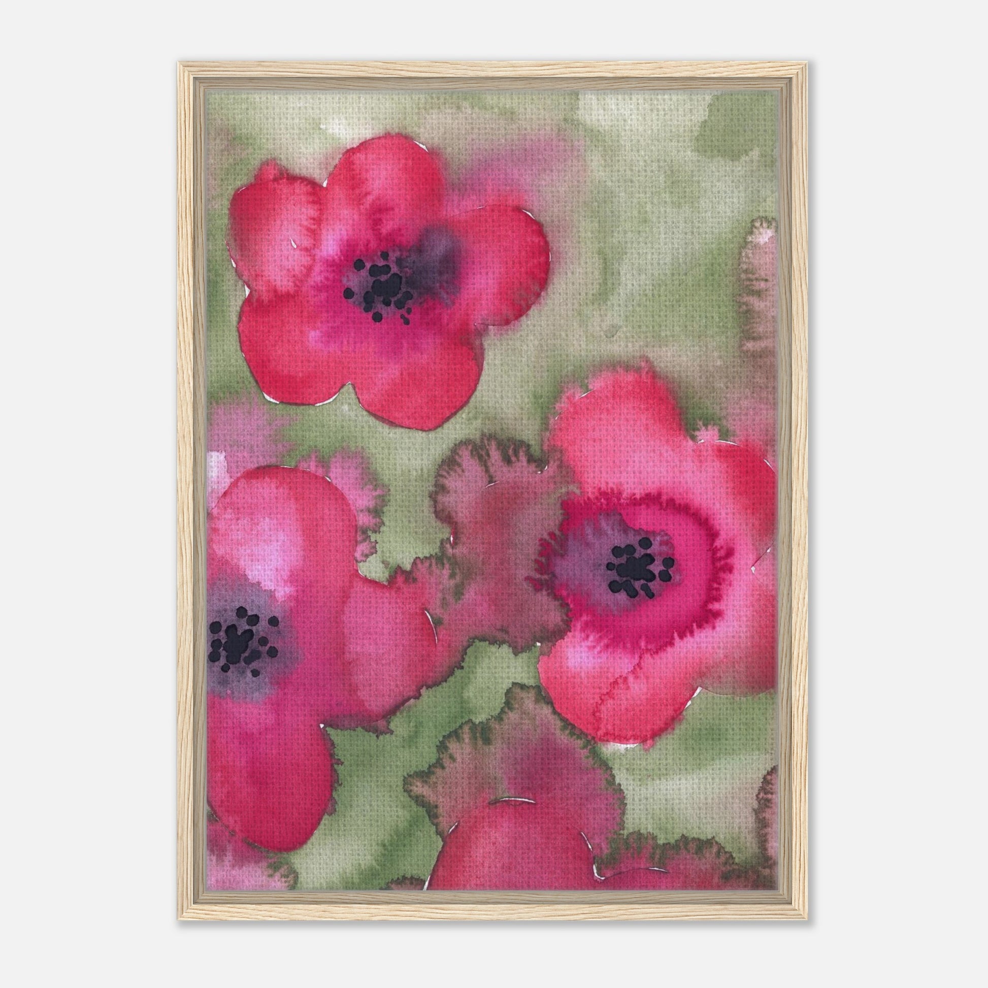 Leinwanddruck mit roten Aquarell-Blumen in Holzrahmen.