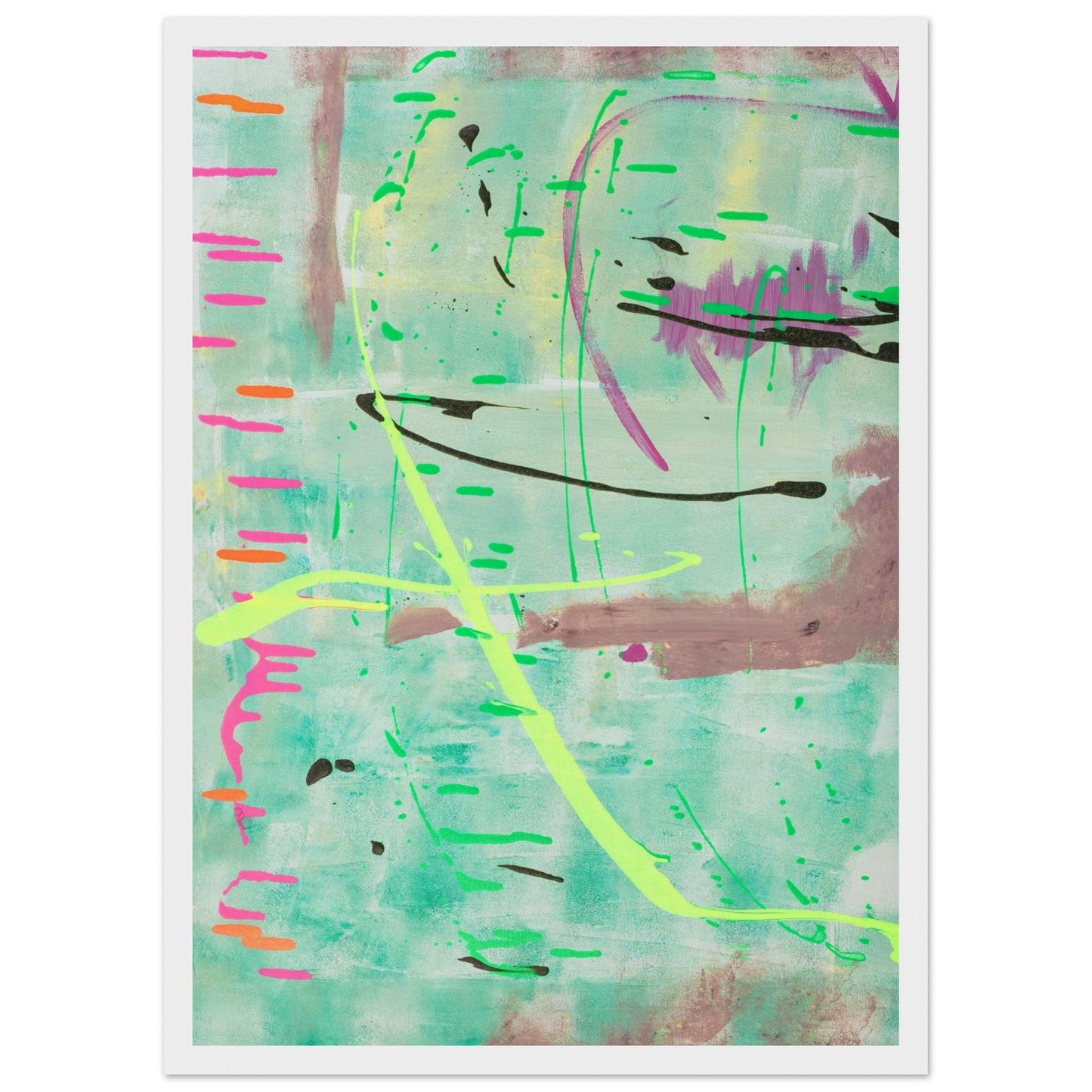 Abstraktes Kunstposter in Mint mit bunten Linien und Akzenten, Fine Art Print in weissem Holzrahmen.