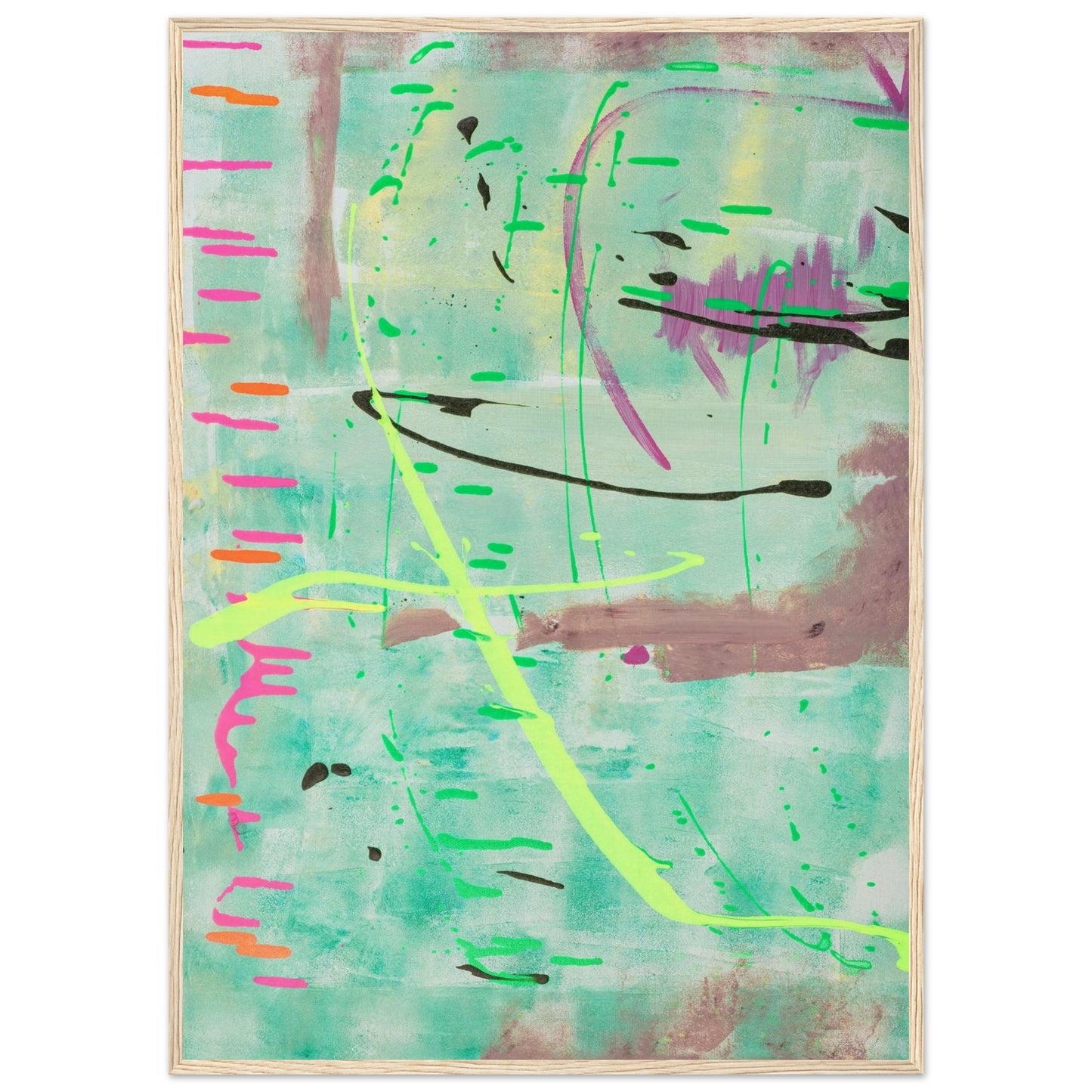 Abstraktes Kunstposter in Mint mit bunten Linien und Akzenten, Fine Art Print in Holzrahmen.