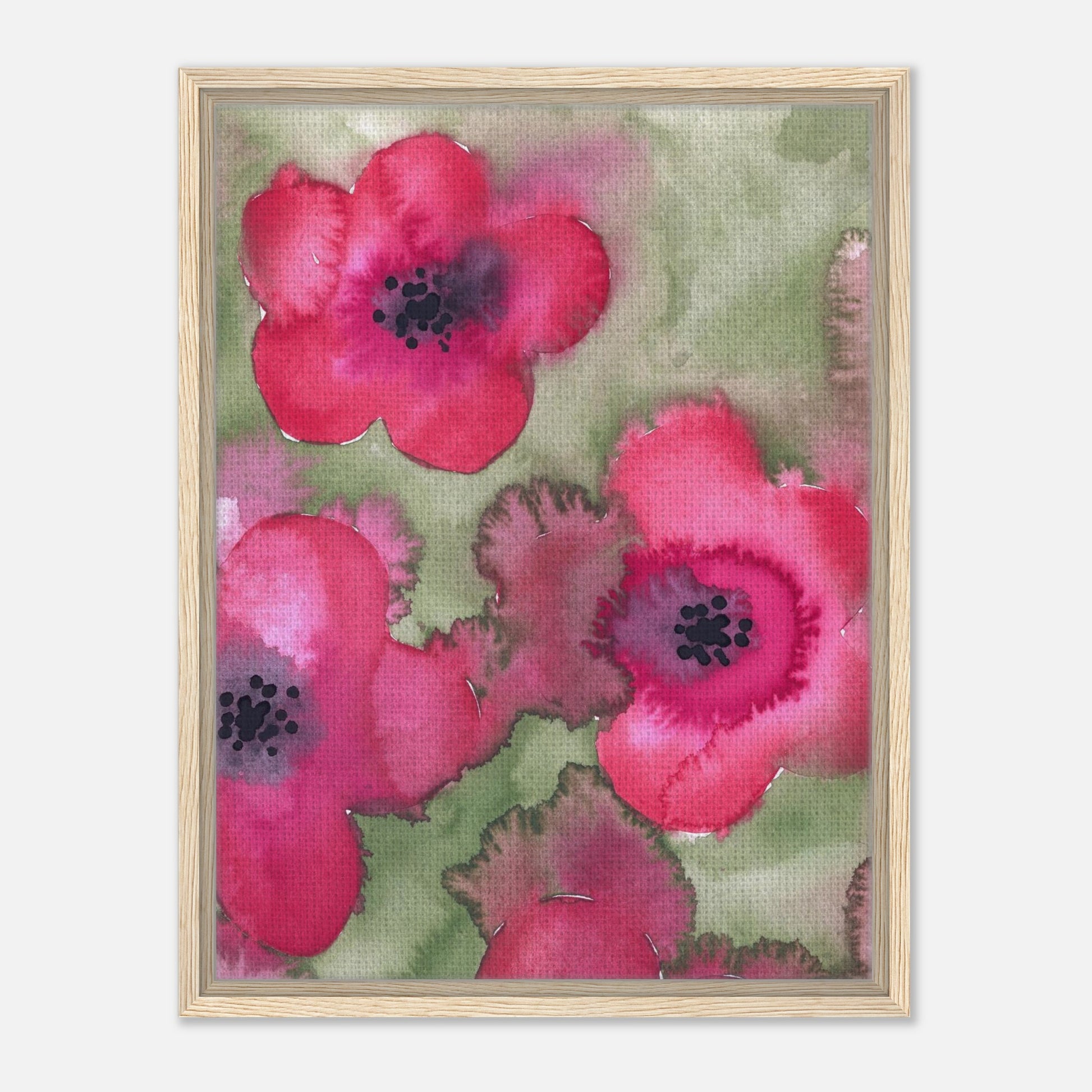 Leinwanddruck mit roten Aquarell-Blumen in Holzrahmen.