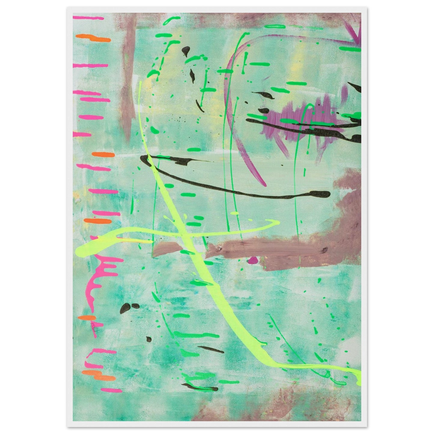 Abstraktes Kunstposter in Mint mit bunten Linien und Akzenten, Fine Art Print in weissem Holzrahmen.