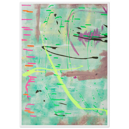 Abstraktes Kunstposter in Mint mit bunten Linien und Akzenten, Fine Art Print in weissem Holzrahmen.
