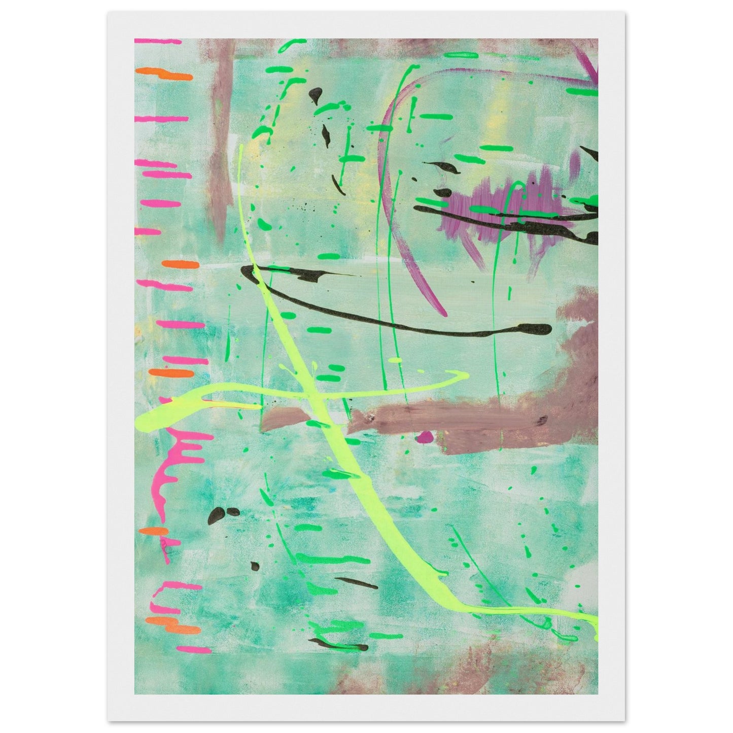 Abstraktes Kunstposter in Mint mit bunten Linien und Akzenten, Fine Art Print in weissem Holzrahmen.