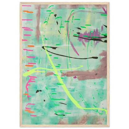 Abstraktes Kunstposter in Mint mit bunten Linien und Akzenten, Fine Art Print in Holzrahmen.