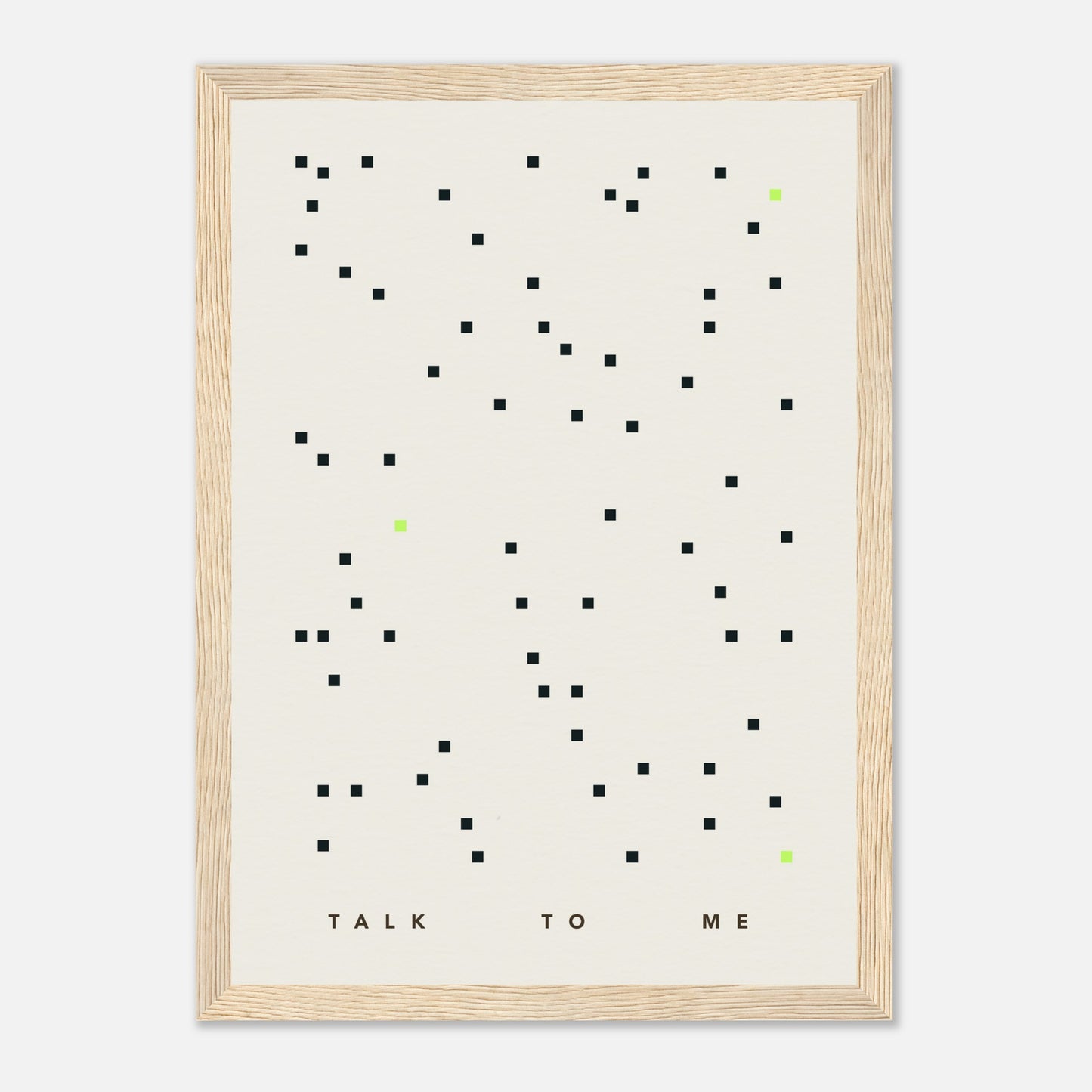 Das Bild "Talk To Me" in einem Holzrahmen.