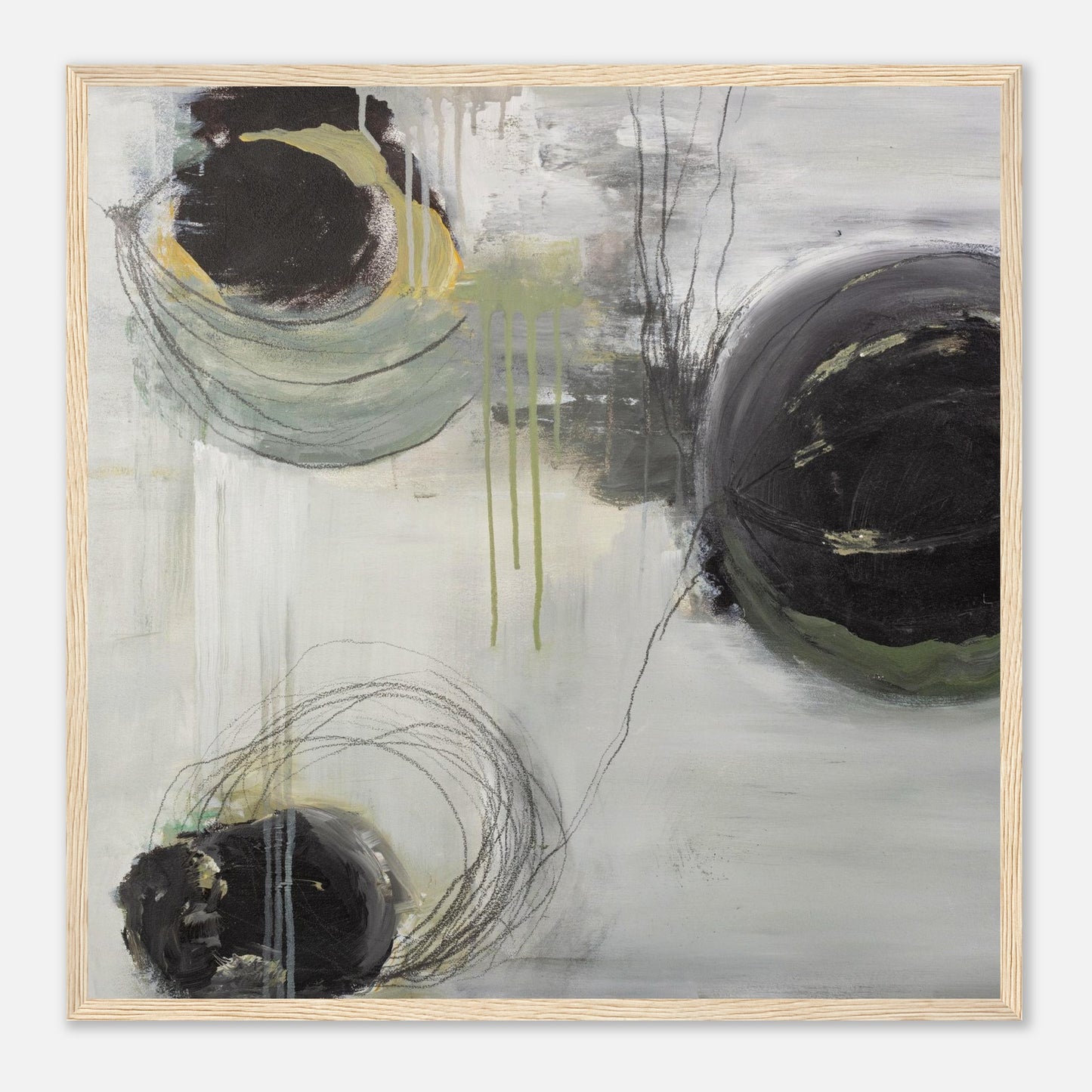 Quadratisches Kunstposter mit abstraktem Kreis-Motiv in einem Holzrahmen