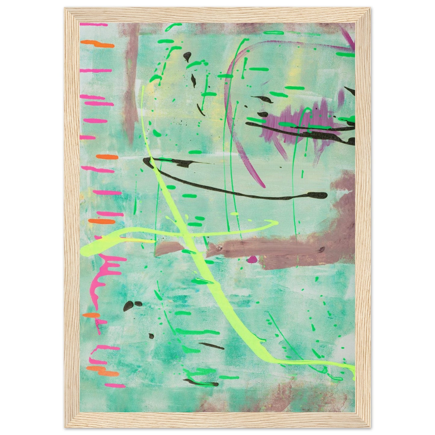 Abstraktes Kunstposter in Mint mit bunten Linien und Akzenten, Fine Art Print in Holzrahmen.