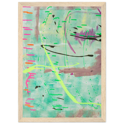 Abstraktes Kunstposter in Mint mit bunten Linien und Akzenten, Fine Art Print in Holzrahmen.