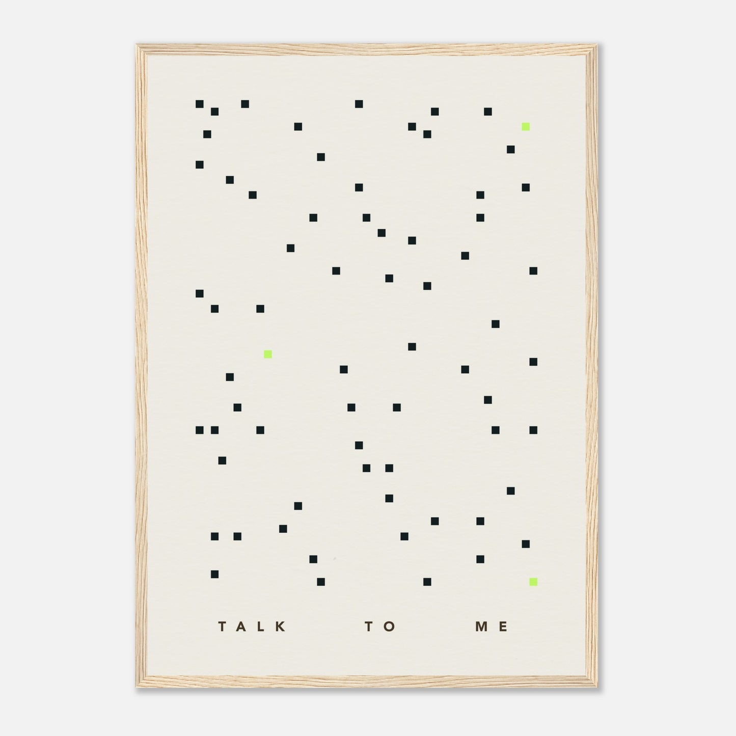 Das Bild "Talk To Me" in einem Holzrahmen.