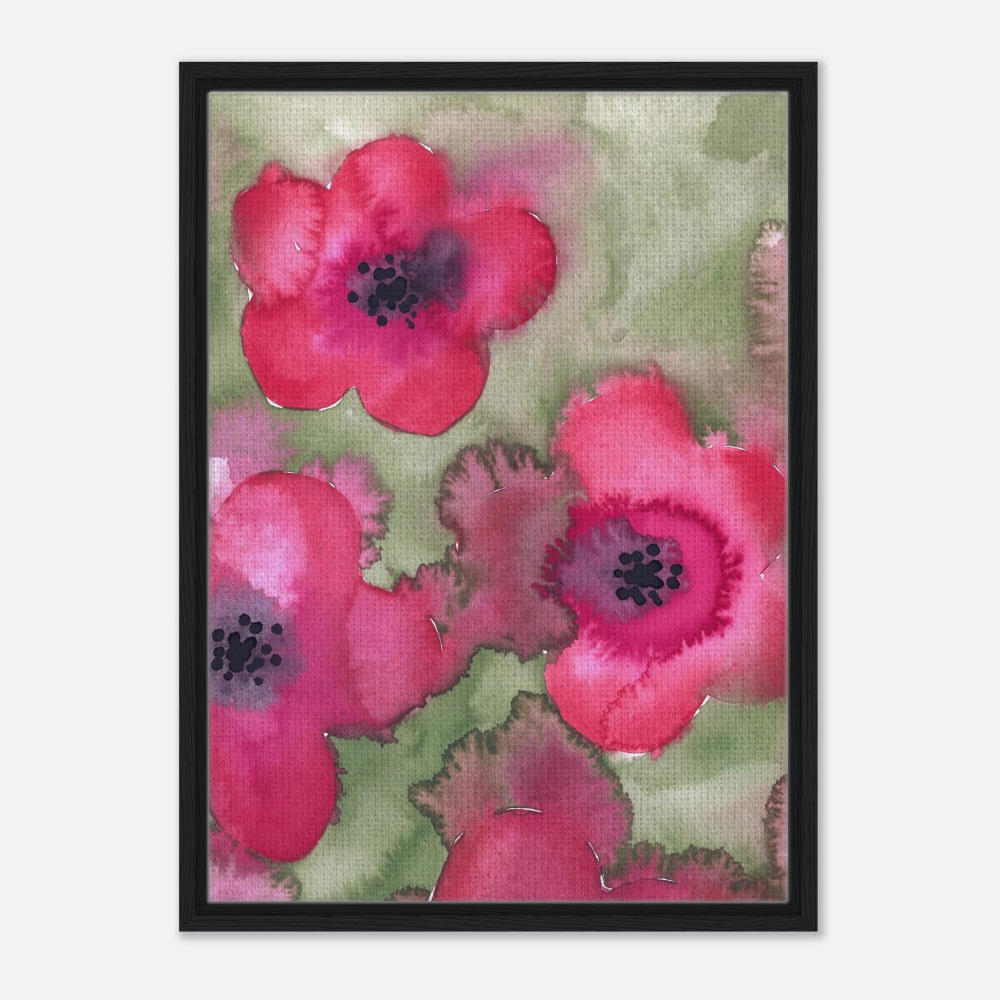 Leinwanddruck mit roten Aquarell-Blumen in schwarzem Holzrahmen.