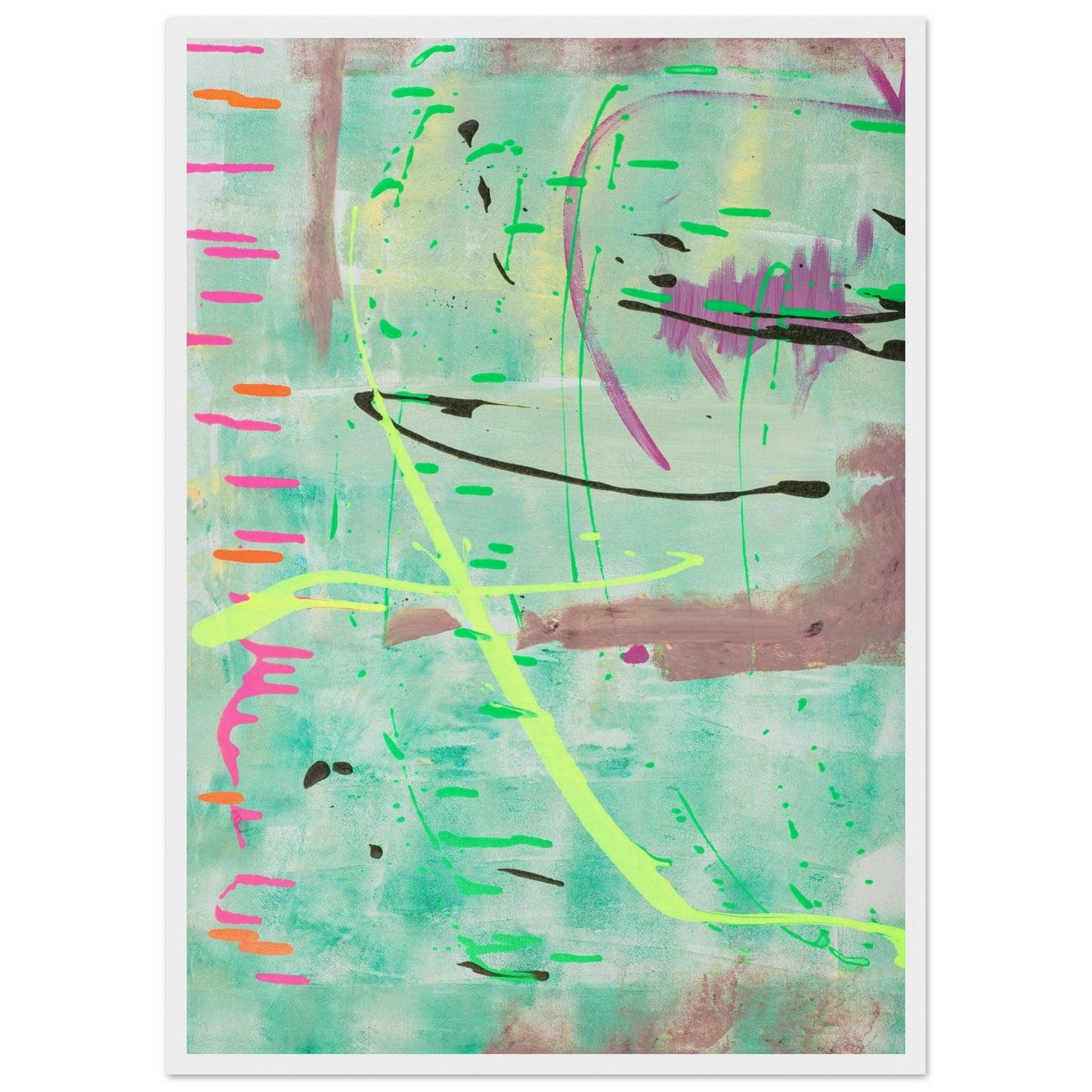 Abstraktes Kunstposter in Mint mit bunten Linien und Akzenten, Fine Art Print in weissem Holzrahmen.