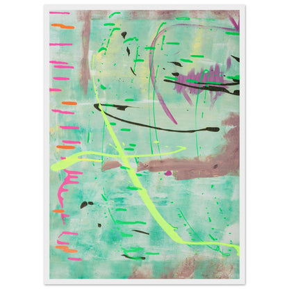 Abstraktes Kunstposter in Mint mit bunten Linien und Akzenten, Fine Art Print in weissem Holzrahmen.
