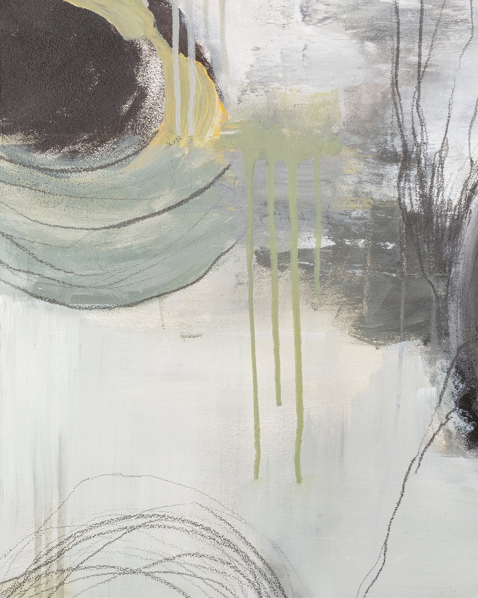 Detailansicht eines abstrakten Posters mit Kreiselementen, sichtbaren Pinselstrichen und feinen Linien.