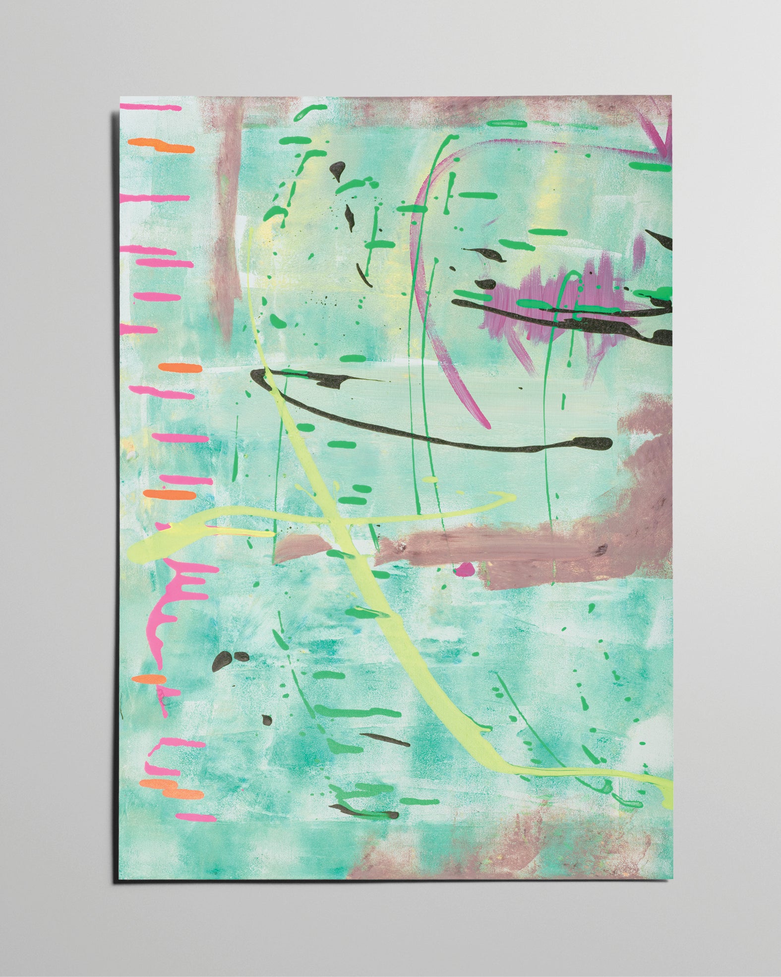 Abstraktes Kunstposter in Mint mit bunten Linien und Akzenten, Fine Art Print nach Acryl-Original von Patrick Fornell.