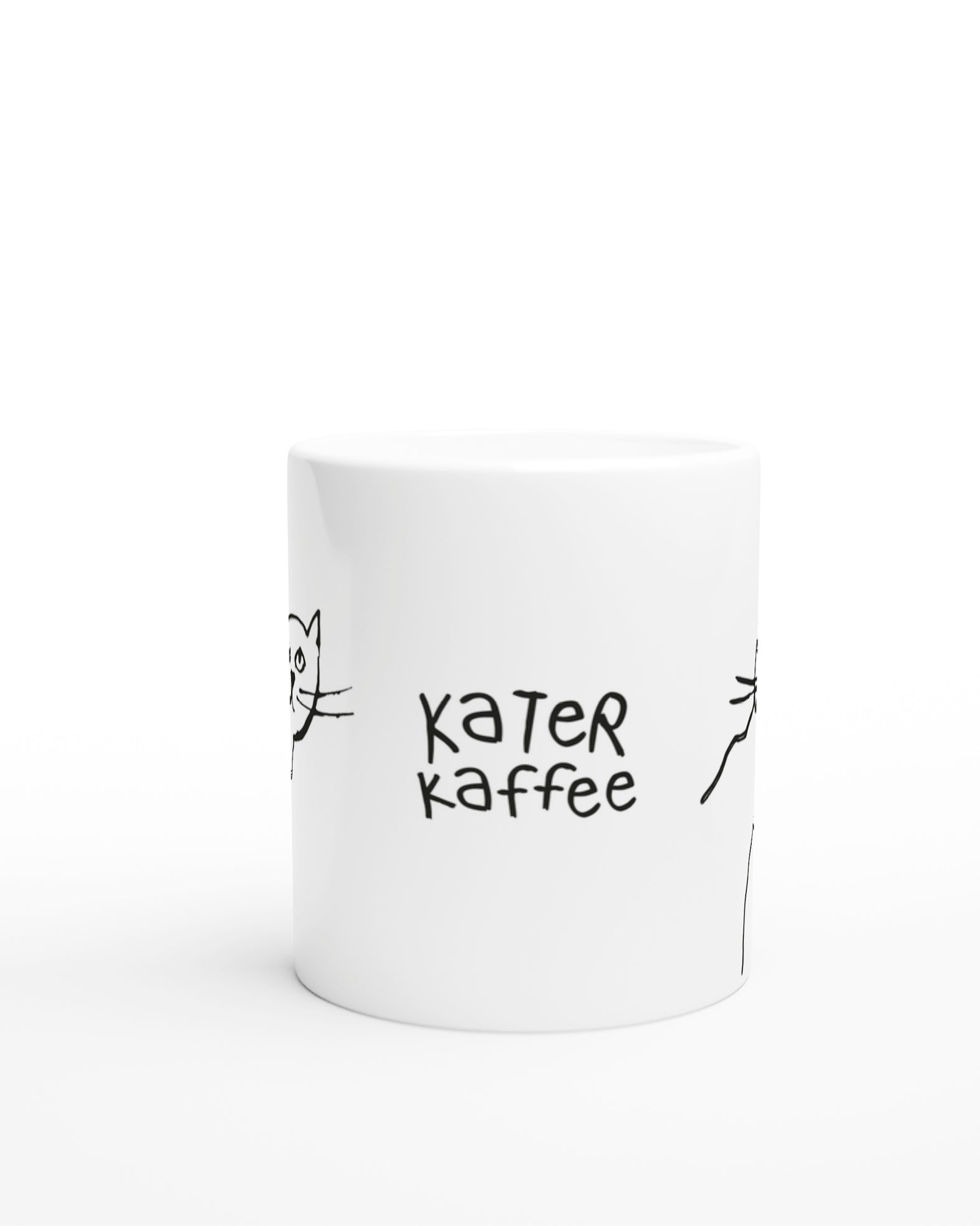 Weisse Tasse von vorn mit handgeschriebener Schrift: Kater Kaffee