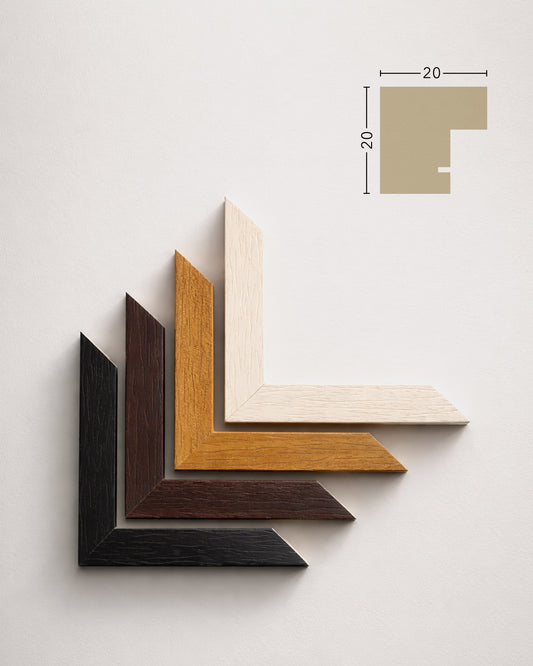 Holzwinkel in den vier Farbvarianten: Schwarz, Wenge, Eiche und Weiss. Grafische Darstellung des Profils