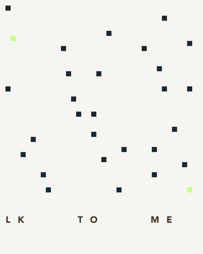 Detailansicht der Quadrate und Schrift auf dem Poster „Talk To Me“, abstrahierte Kommunikationsgrafik.