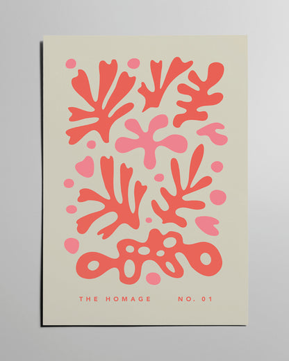 Beiges Poster mit roten, floralen Elementen.