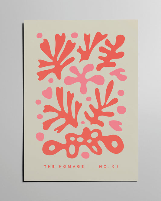 Beiges Poster mit roten, floralen Elementen.