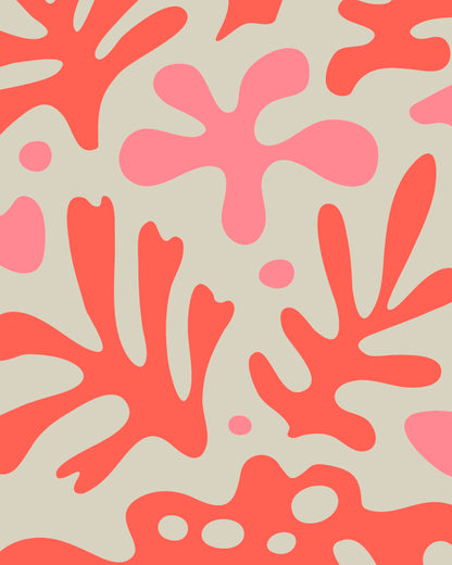 Ausschnitt des Posters: rote, florale Elemente auf beigen Hintergrund.