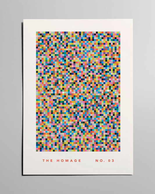 Kunstposter mit 3015 bunten Farbquadraten auf weißem Hintergrund, inspiriert von Gerhard Richter