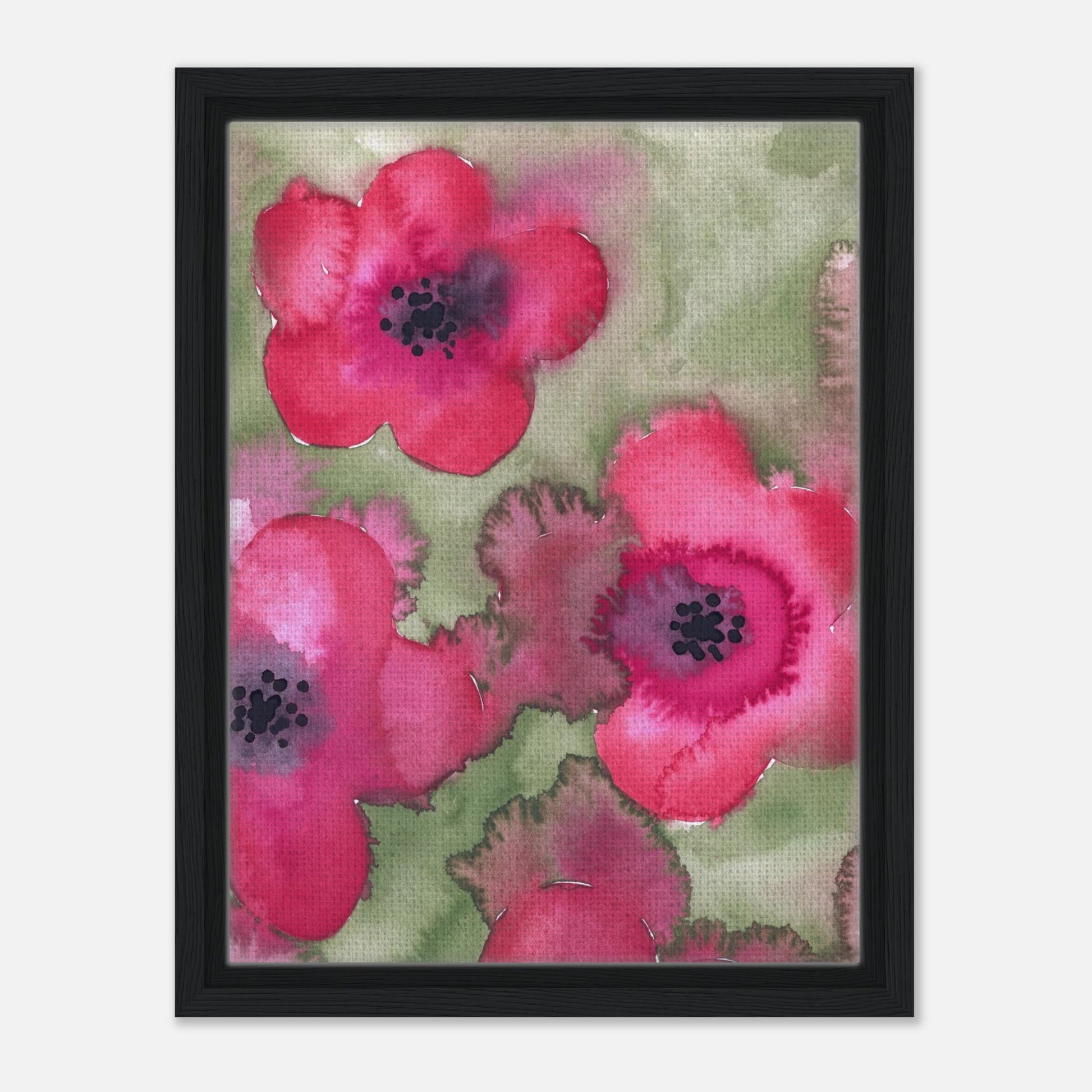 Leinwanddruck mit roten Aquarell-Blumen in schwarzem Holzrahmen.