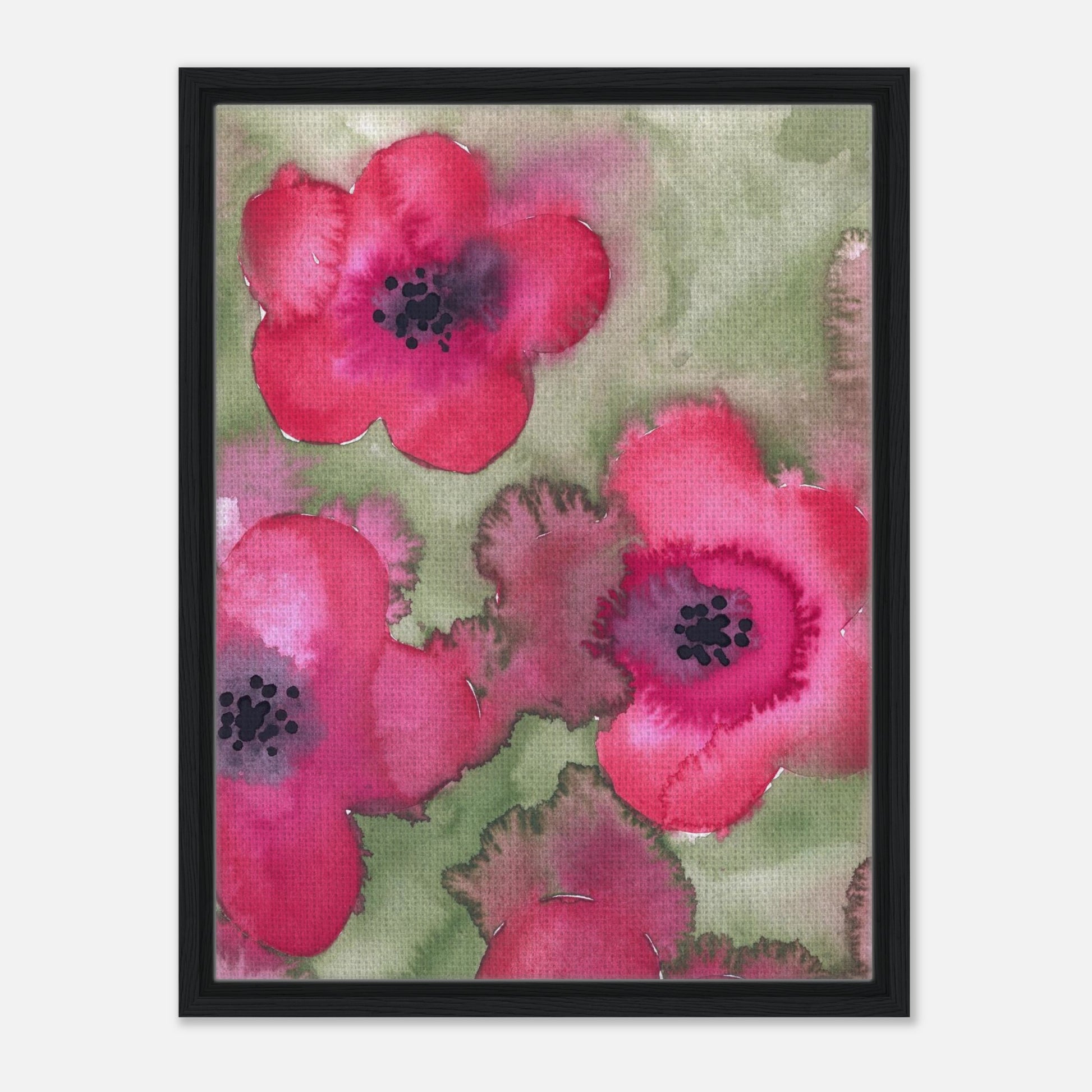 Leinwanddruck mit roten Aquarell-Blumen in schwarzem Holzrahmen.