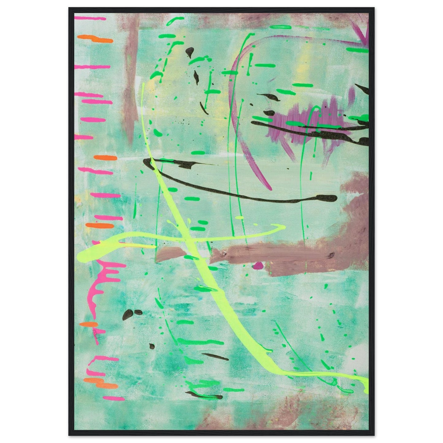 Abstraktes Kunstposter in Mint mit bunten Linien und Akzenten, Fine Art Print in schwarzem Holzrahmen.