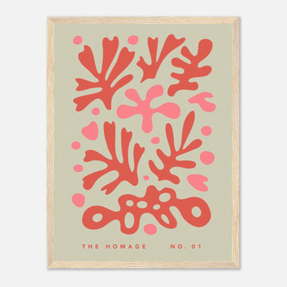 The Homage No. 01. Florales Kunstposter in Rot und Rosa auf beigem Hintergrund, inspiriert von Henri Matisse, im Holzrahmen.