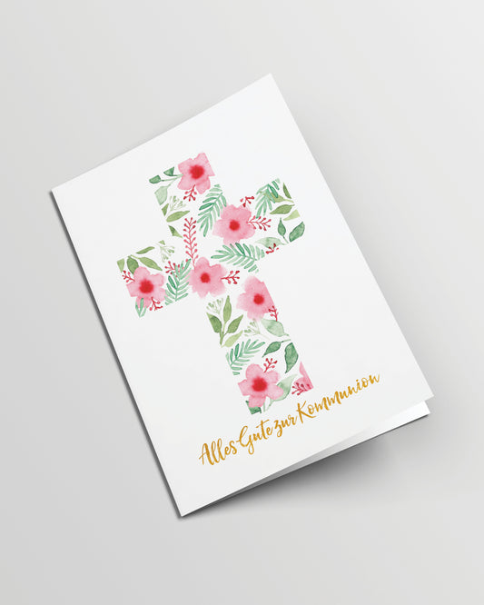 Grusskarte geschlossen. Ein Kreuz aus Aquarellblumen und -blättern auf weißem Hintergrund, darunter der Text mit Goldfolie veredelt: Alles Gute zur Kommunion.