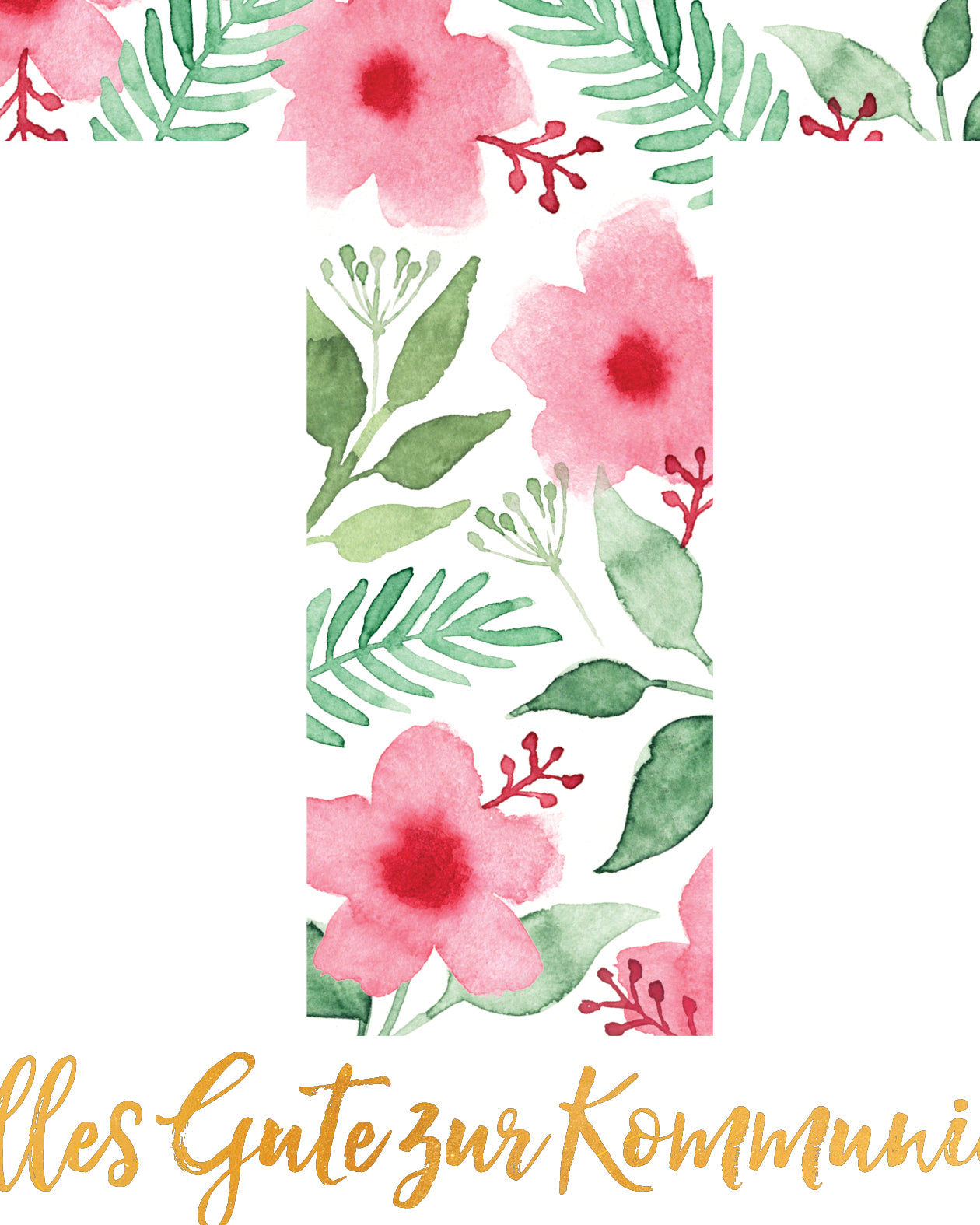 Detail der Aquarellblüten und Blättern. Text in Goldfolie im Anschnitt.