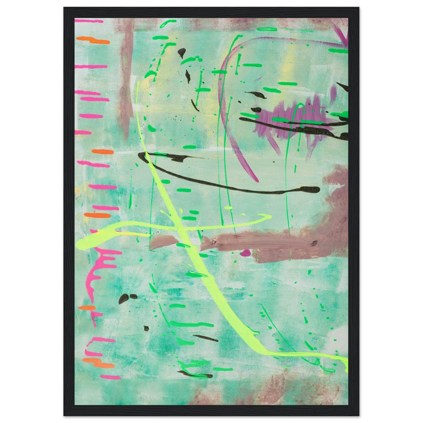 Abstraktes Kunstposter in Mint mit bunten Linien und Akzenten, Fine Art Print in schwarzem Holzrahmen.