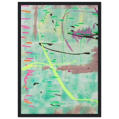 Abstraktes Kunstposter in Mint mit bunten Linien und Akzenten, Fine Art Print in schwarzem Holzrahmen.