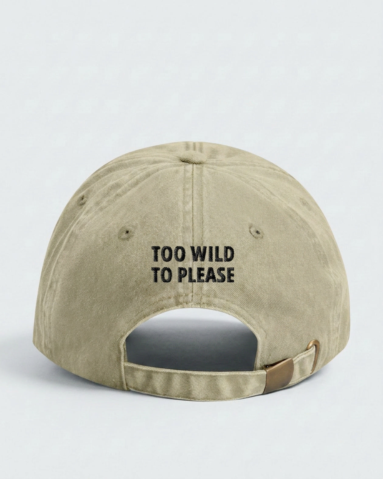 Dad Cap Too Wild To Please in Vintage Sand — Rückseite mit Statement-Stickerei