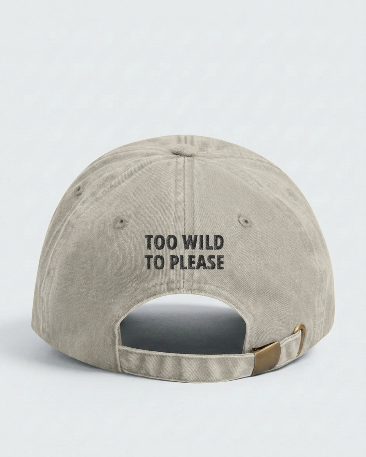 Dad Cap Too Wild To Please in Vintage Stone — Rückseite mit Statement-Stickerei